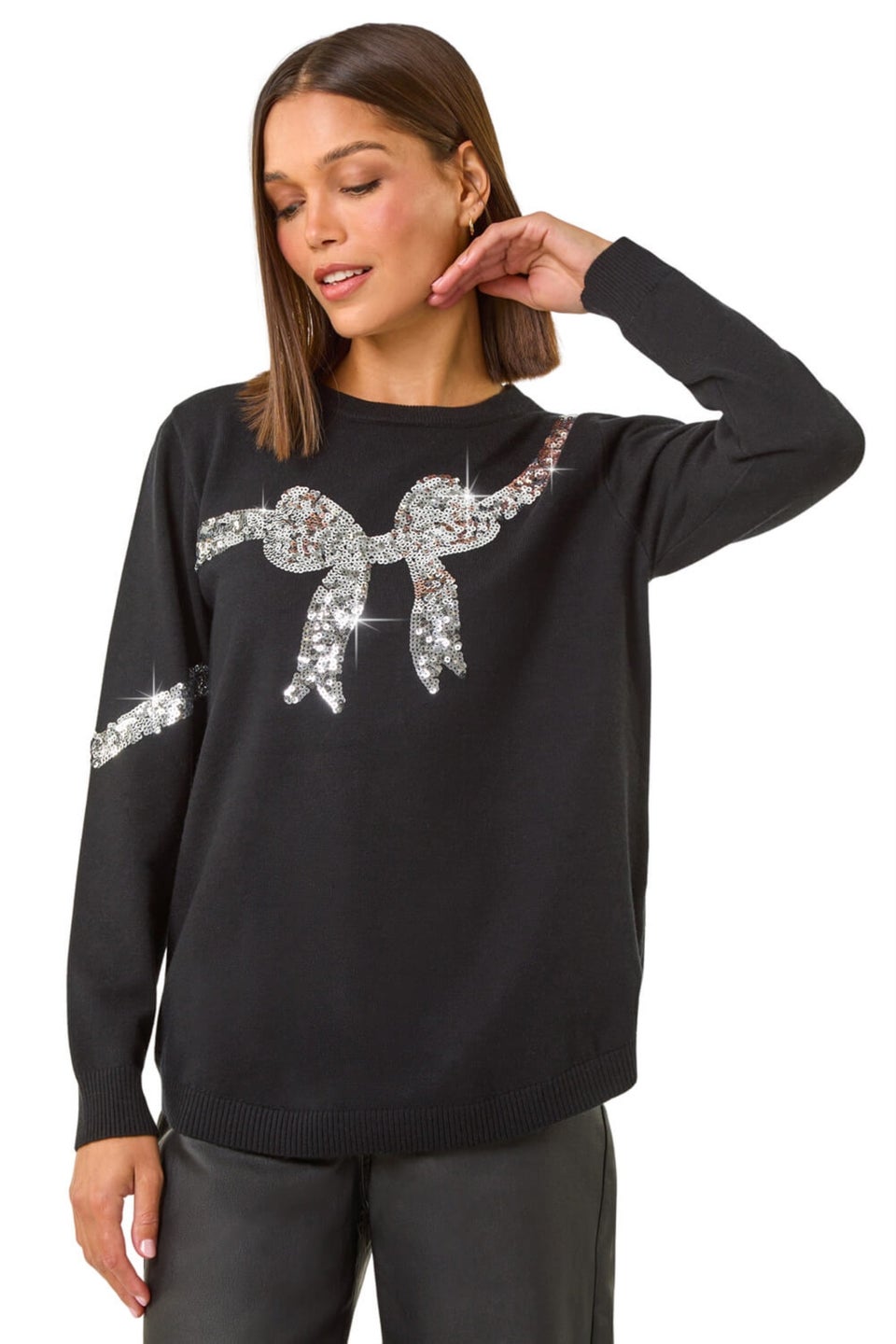 Roman Black Bow Sequin Detail Knit Jumper