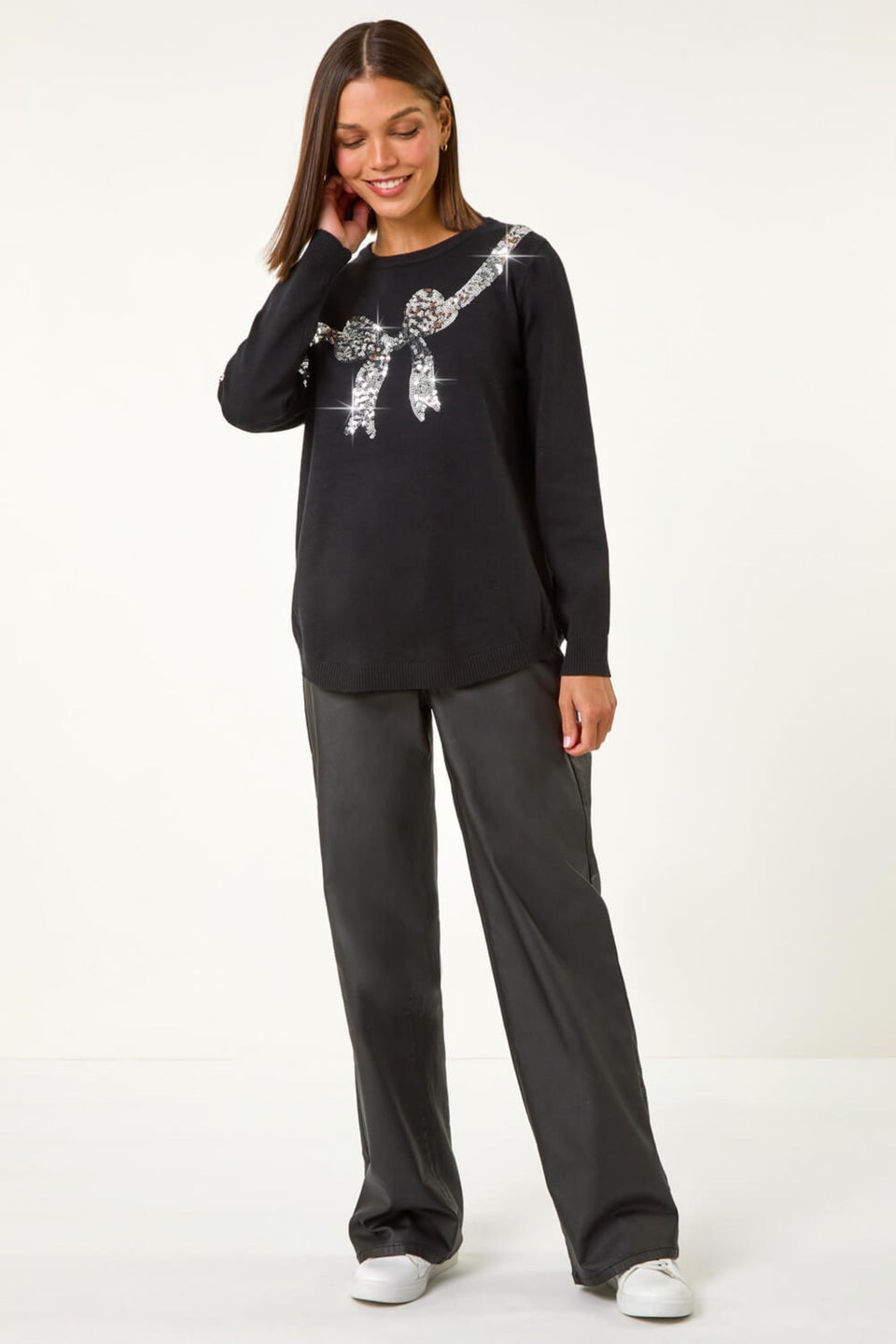 Roman Black Bow Sequin Detail Knit Jumper