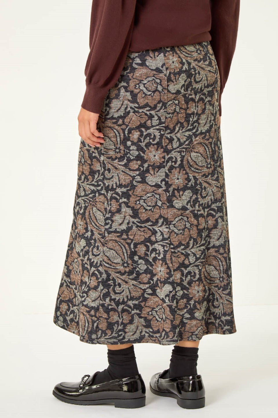 Roman Mocha Floral Print Paneled Tulip Skirt