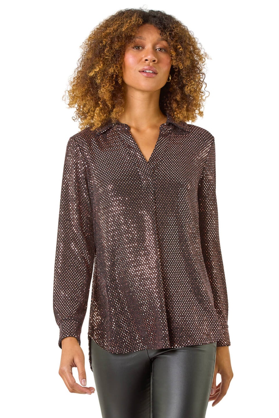 Roman Bronze Sequin Stretch Shirt Top