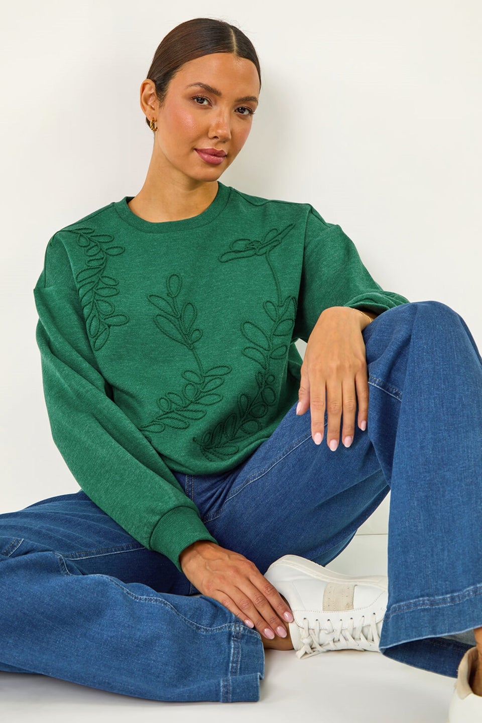 Roman Green Floral Embroidered Sweatshirt