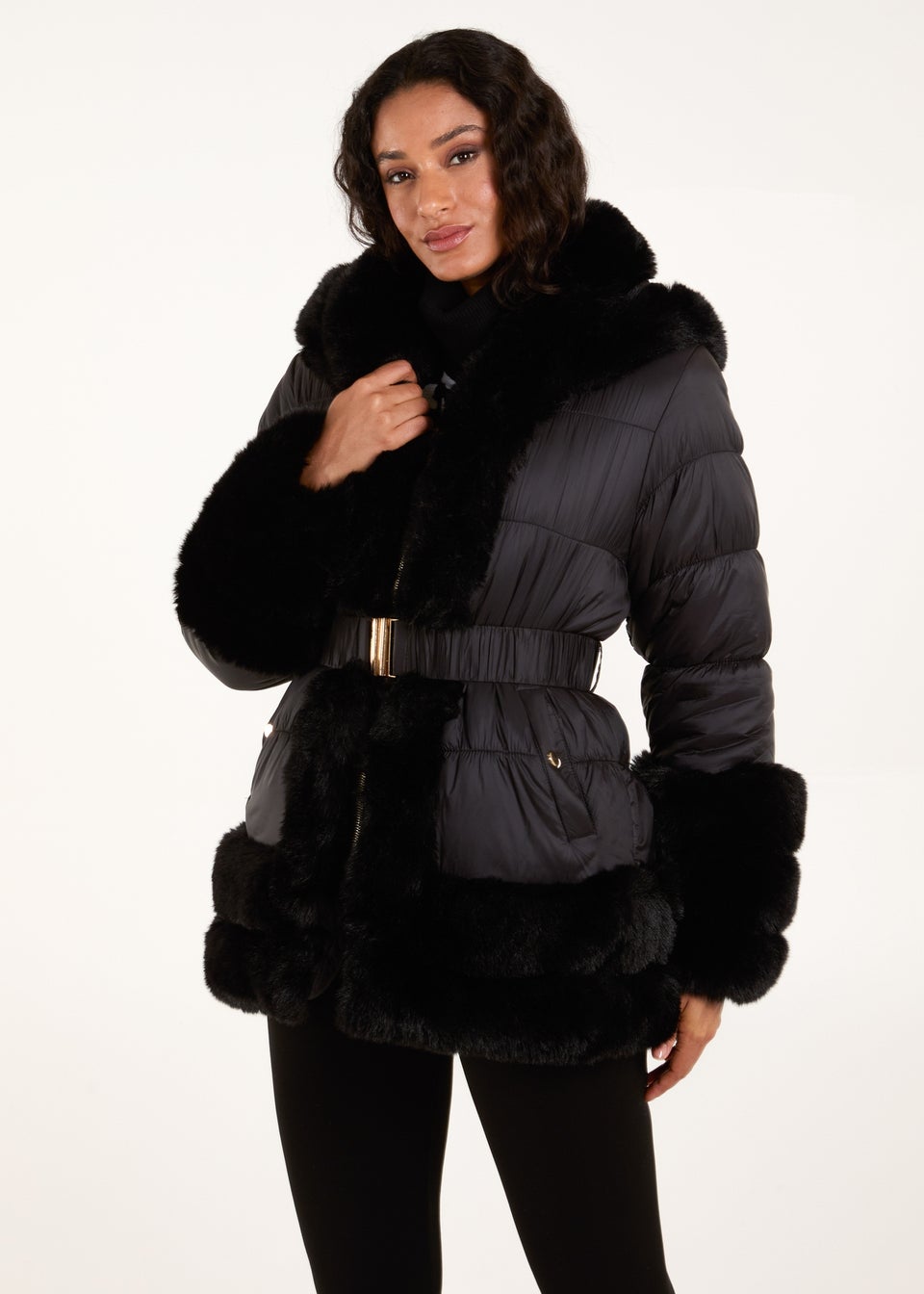 Blue Vanilla Black Fur Trim Belted Puffer Coat