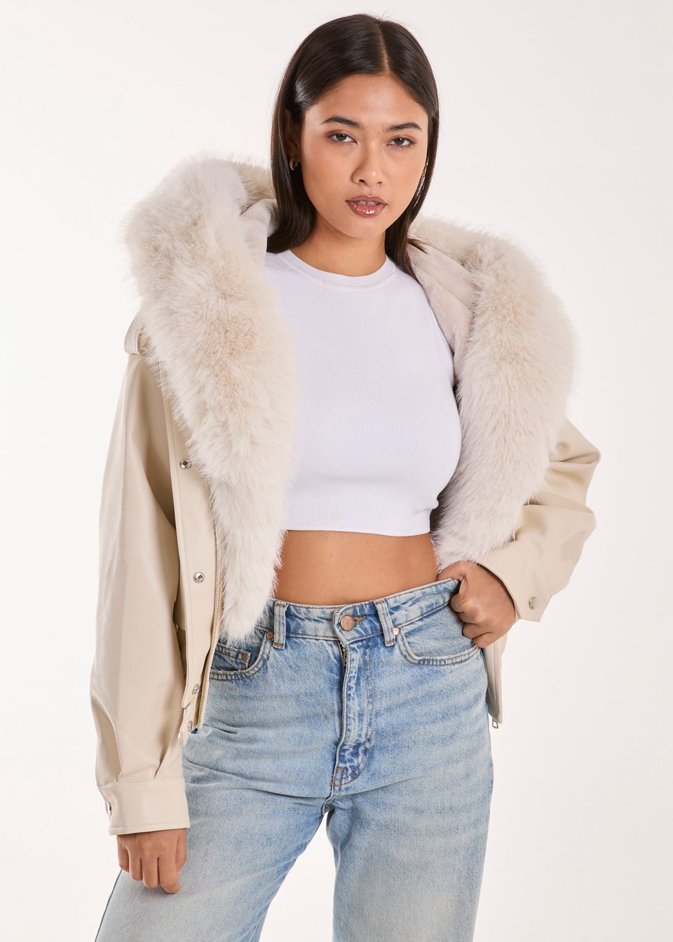 Pink Vanilla Stone Fur Hooded Cropped Utility Jacket Matalan