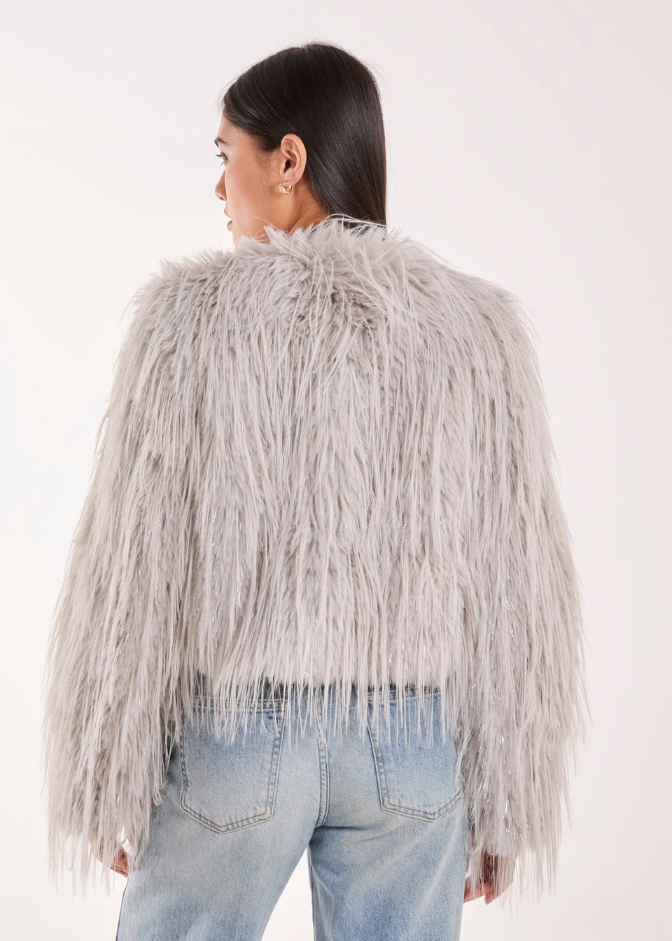 Blue Vanilla Silver Shaggy Faux Fur Cropped Jacket