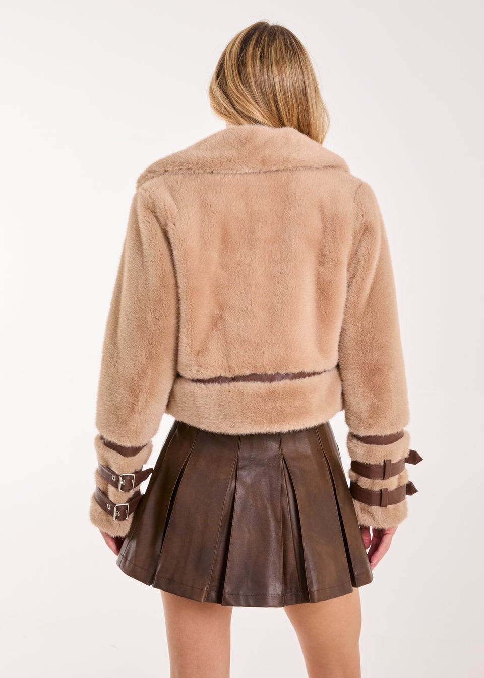 Pink Vanilla Brown Fur PU Buckle Detail Coat