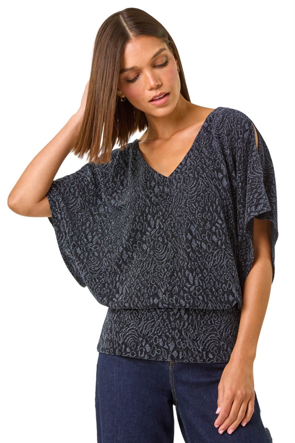 Roman Midnight Blue Glitter Banded Hem Stretch Top