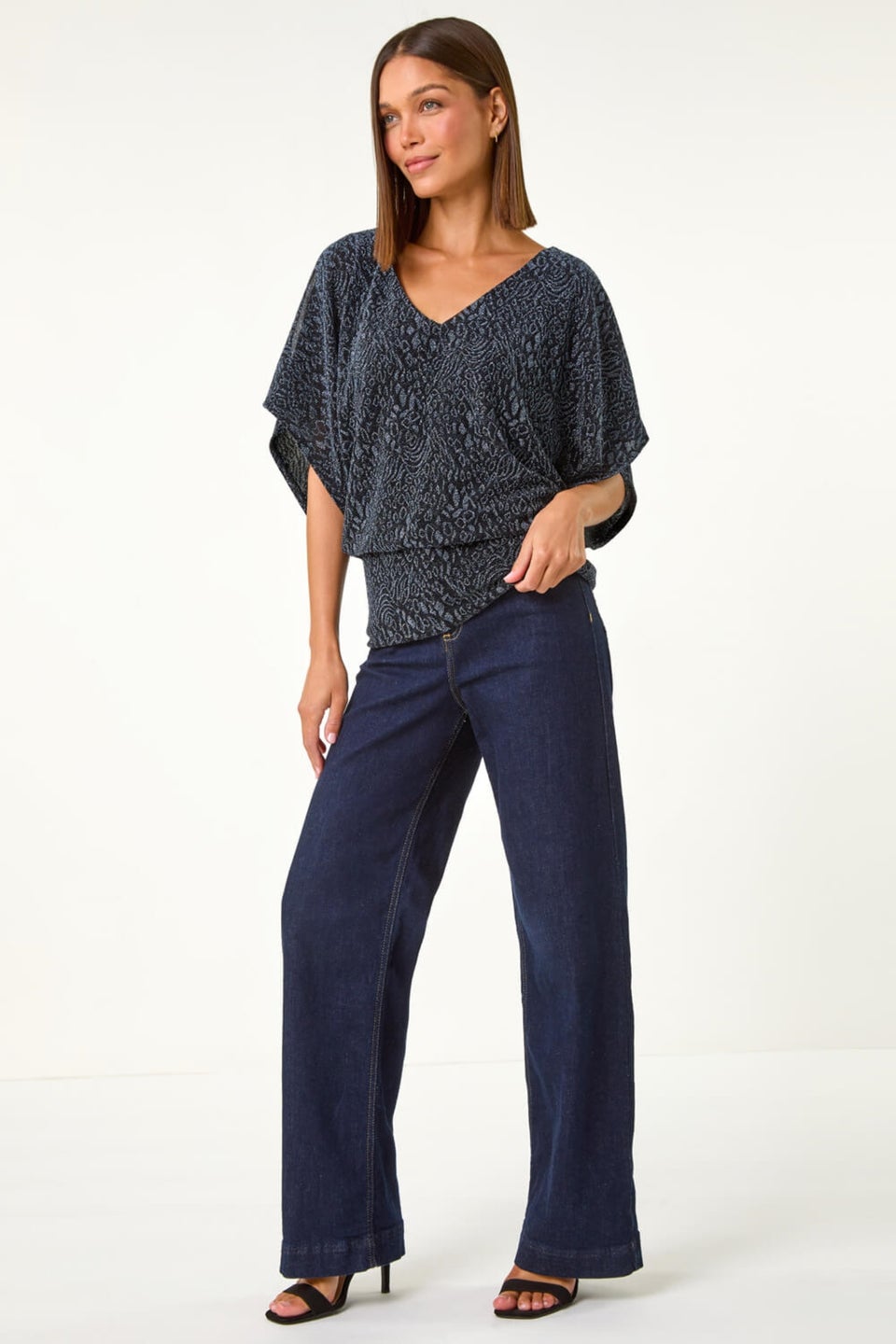 Roman Midnight Blue Glitter Banded Hem Stretch Top