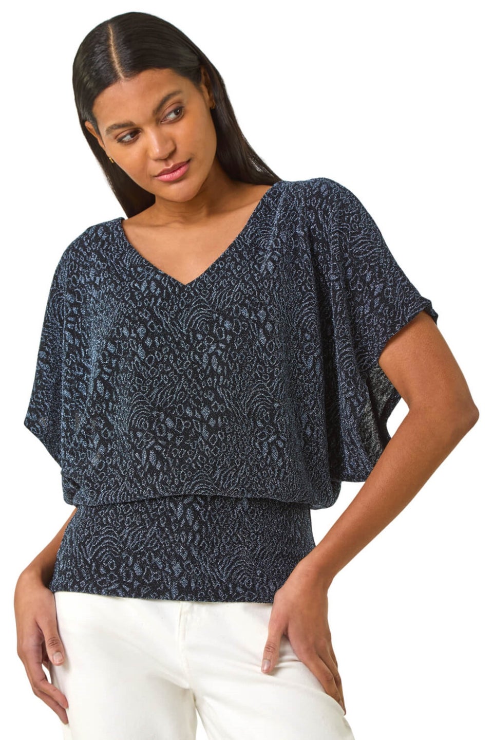 Roman Midnight Blue Glitter Banded Hem Stretch Top