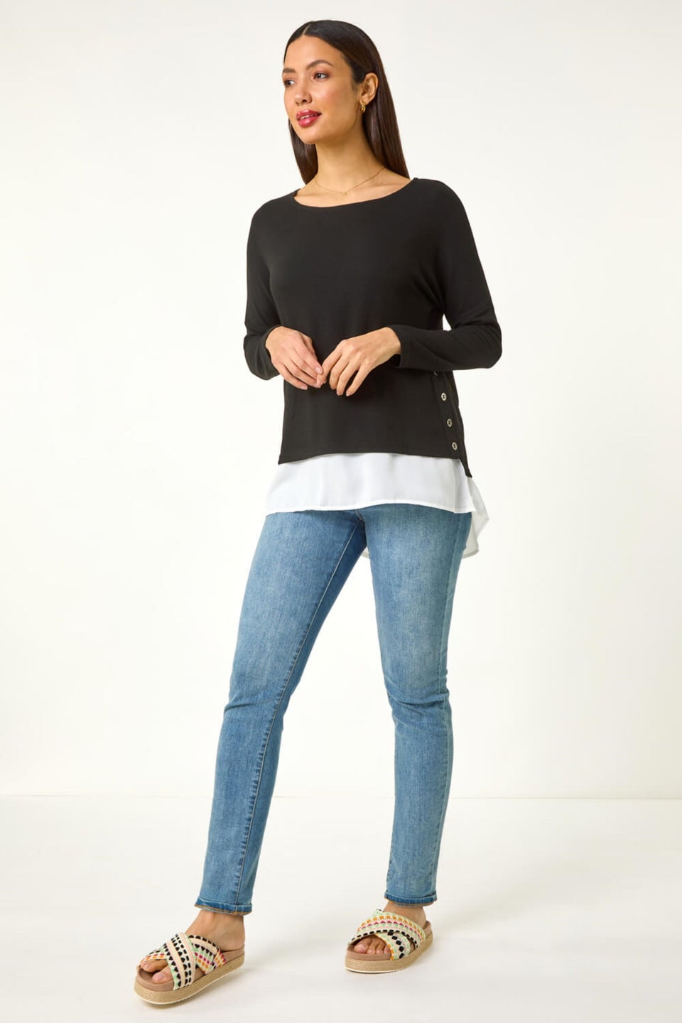 Roman Black 2 in 1 Contrast Hem Detail Stretch Top