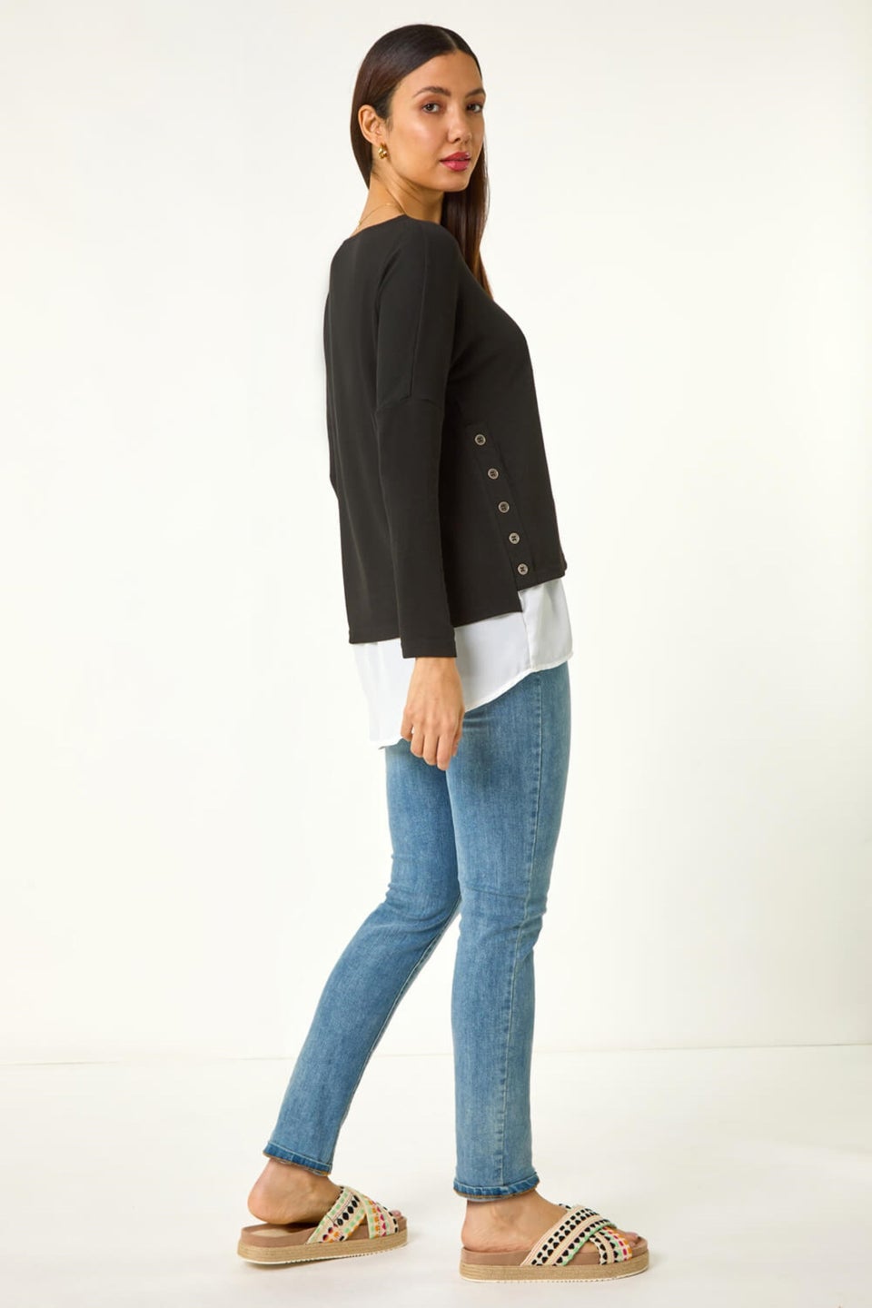 Roman Black 2 in 1 Contrast Hem Detail Stretch Top