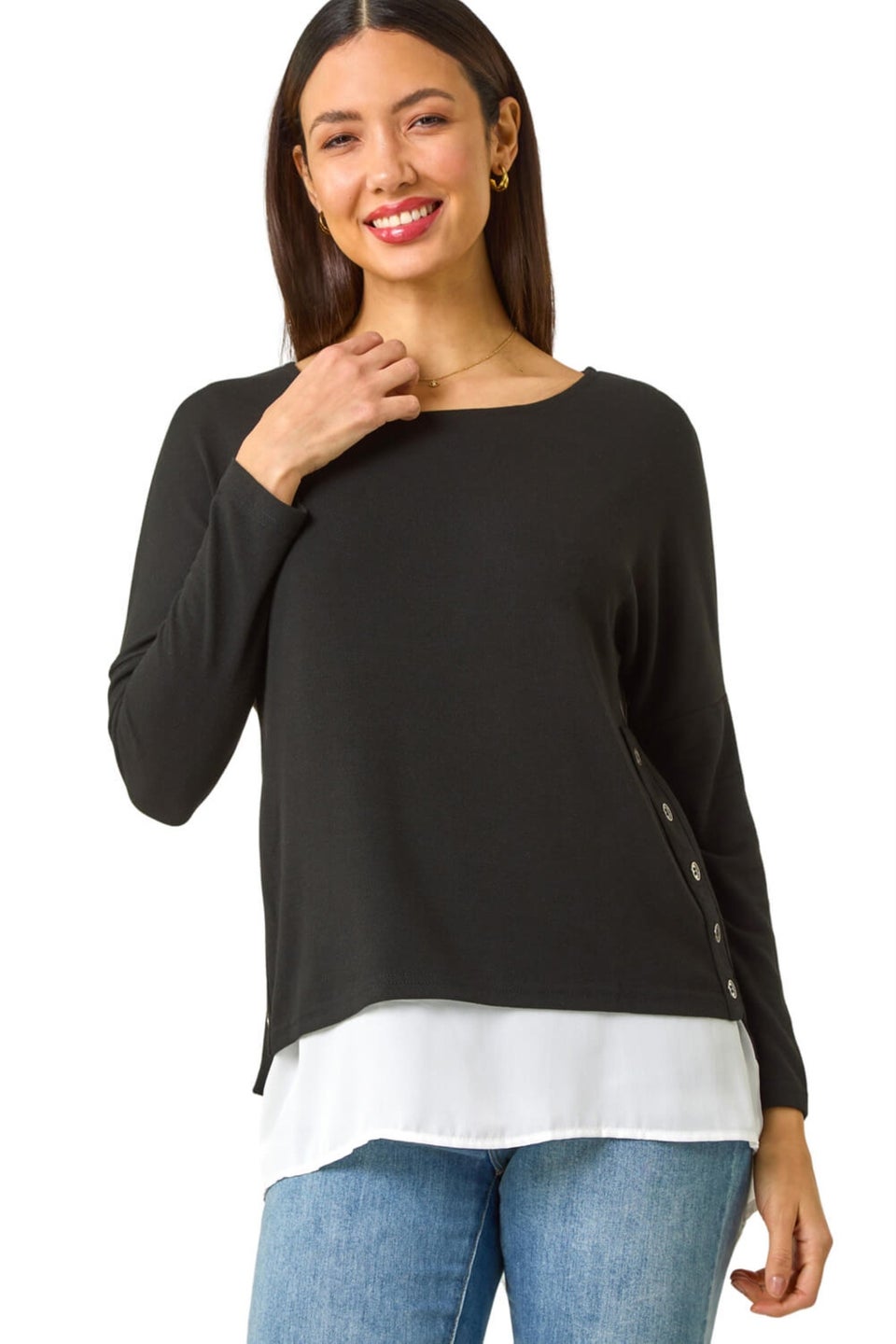Roman Black 2 in 1 Contrast Hem Detail Stretch Top