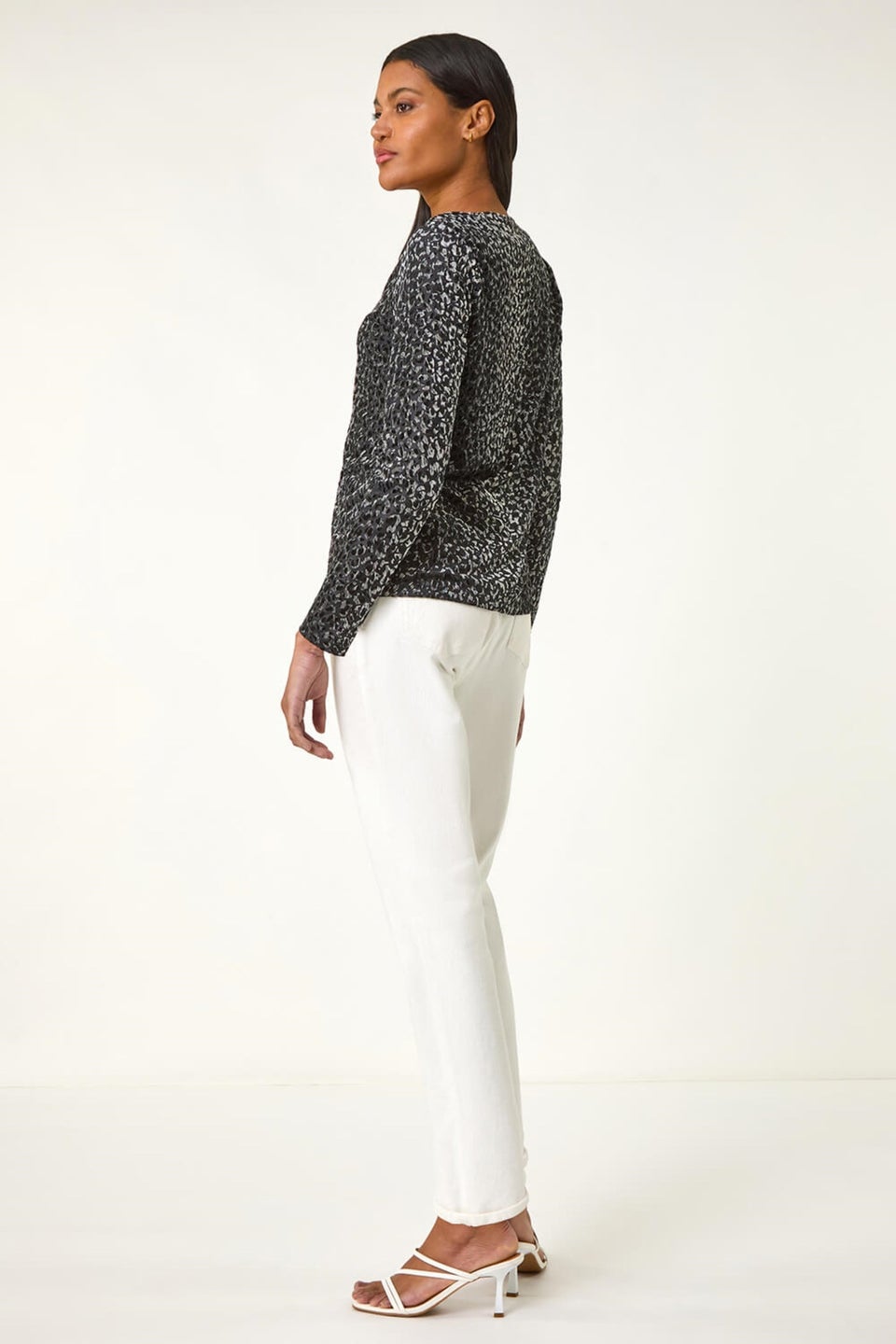 Roman Grey Front Tie Velvet Animal Print Burnout Top