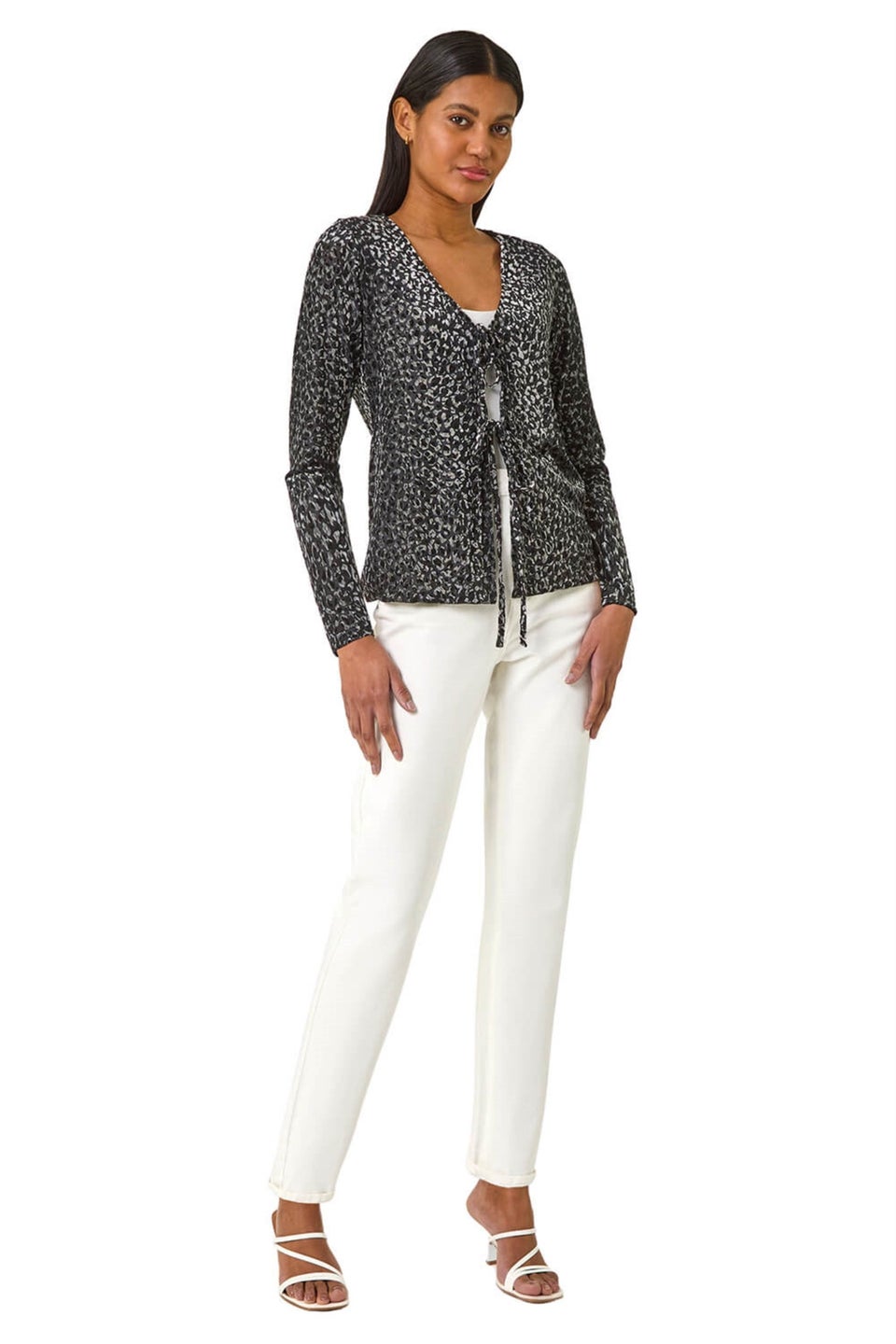 Roman Grey Front Tie Velvet Animal Print Burnout Top
