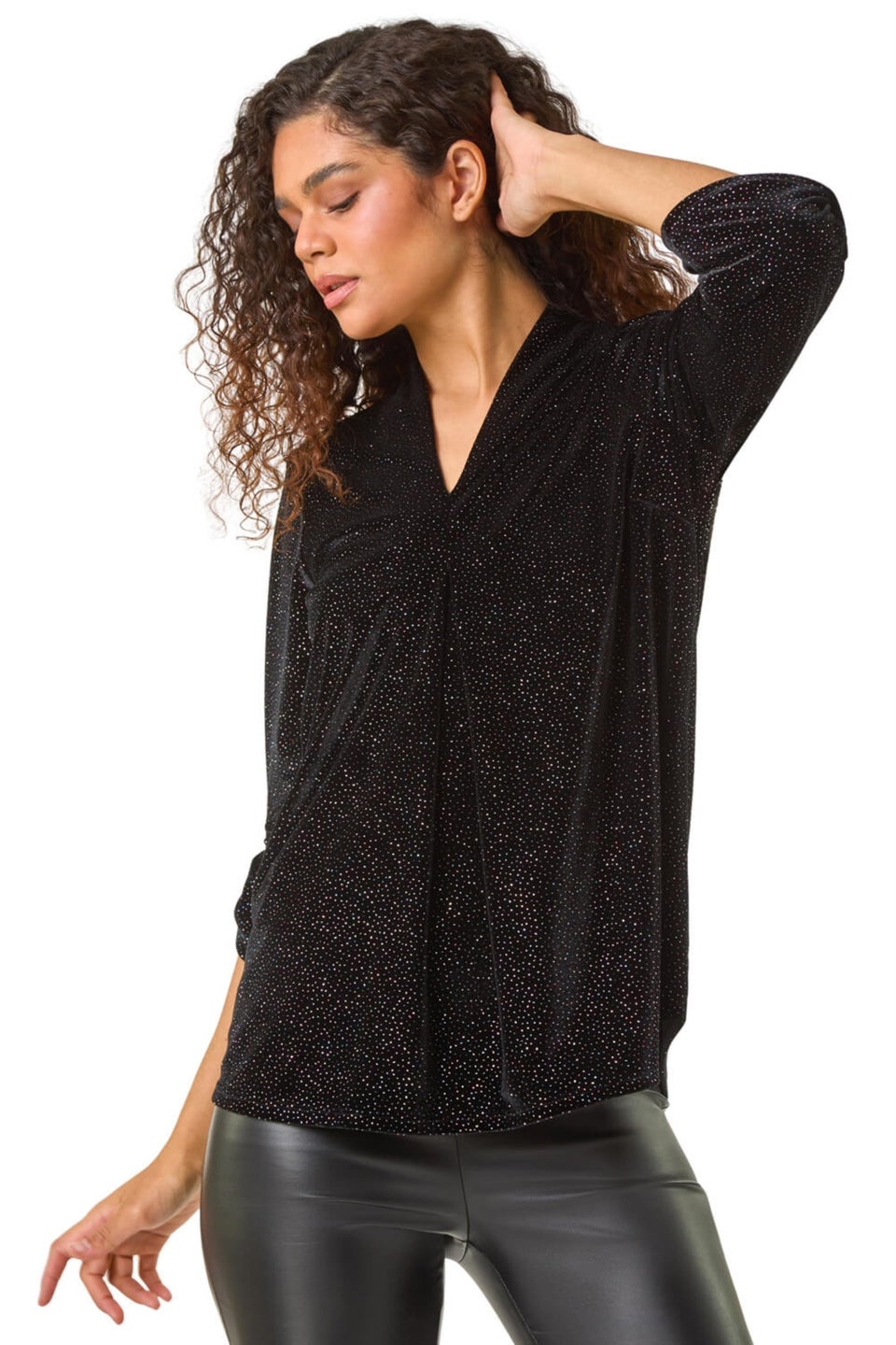 Roman Black Sparkle Velvet V-Neck Tunic Stretch Top