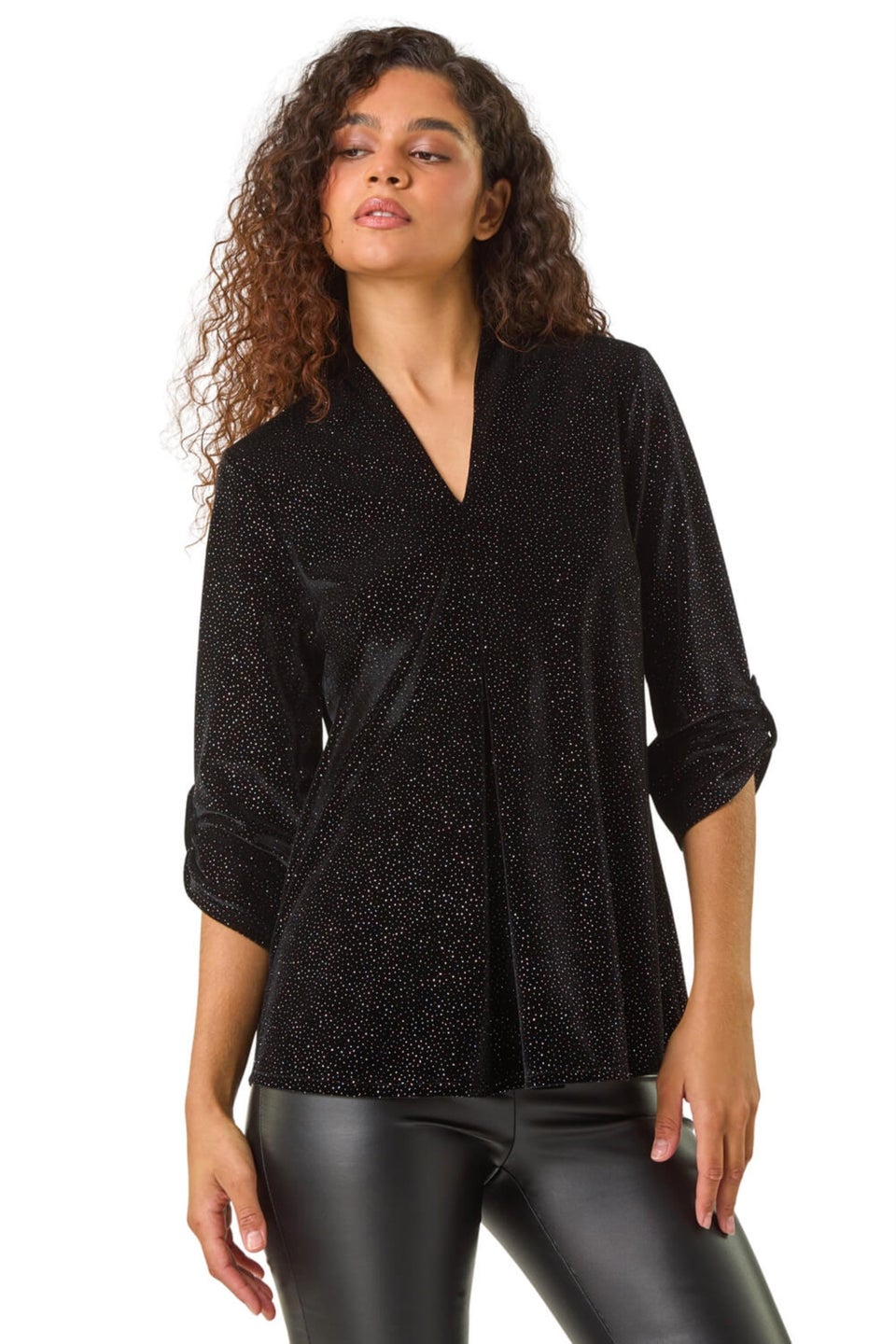Roman Black Sparkle Velvet V-Neck Tunic Stretch Top