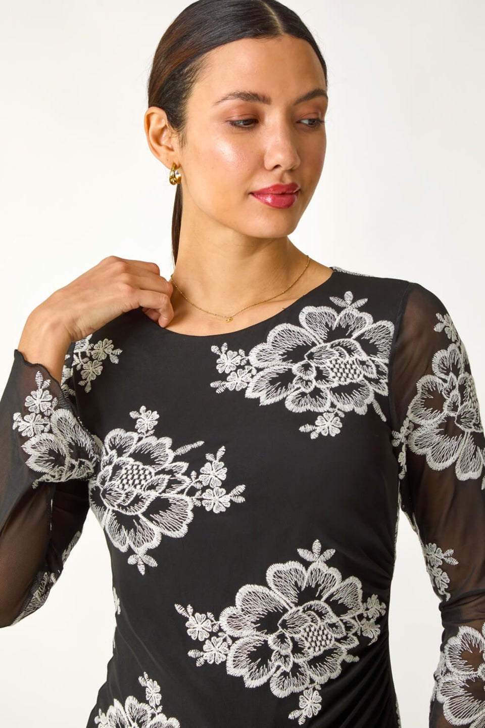 Roman Black Floral Mesh Sleeve Stretch Top