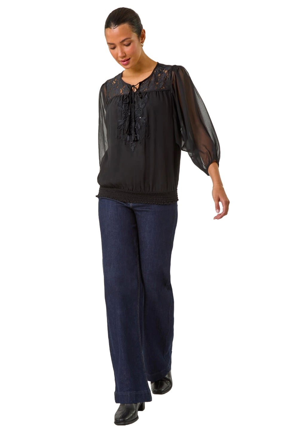 Roman Black Embroidered Lace Shirred Hem Top