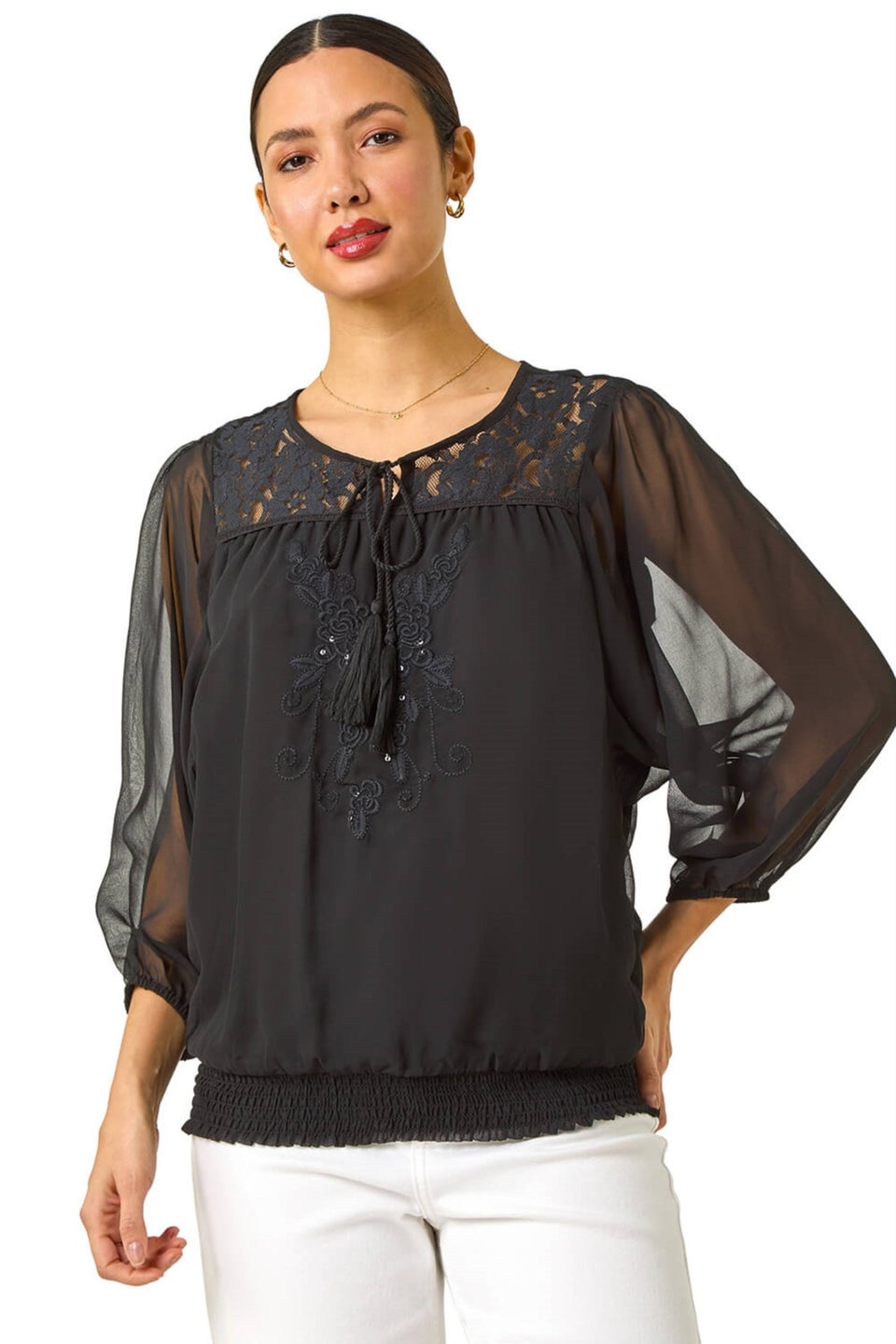 Roman Black Embroidered Lace Shirred Hem Top