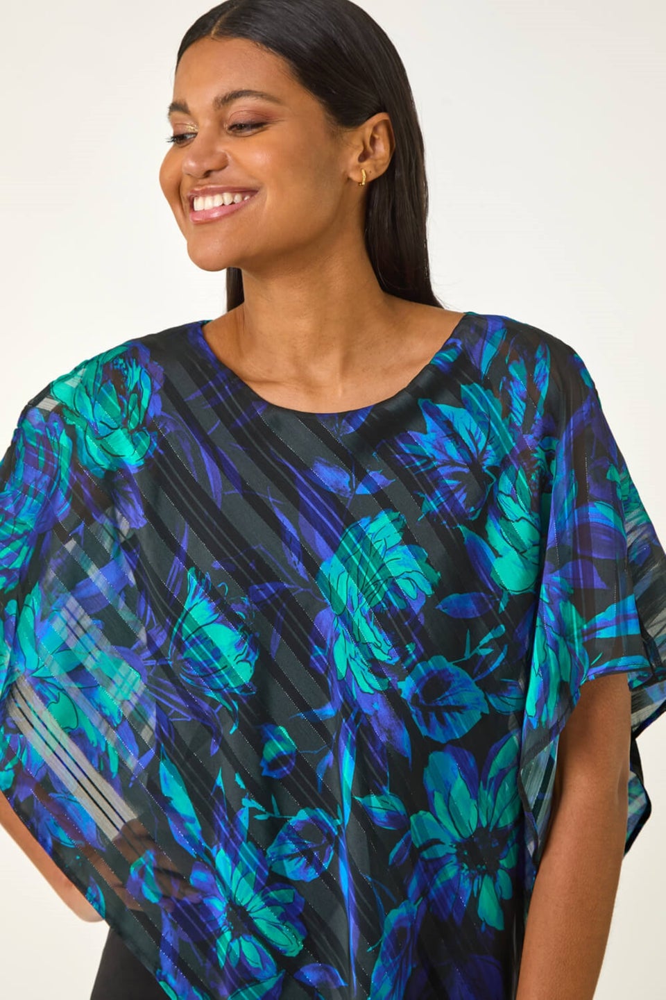 Roman Blue Floral Asymmetric Overlay Top