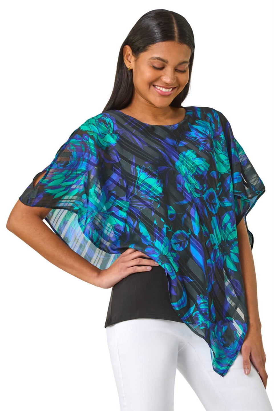 Roman Blue Floral Asymmetric Overlay Top