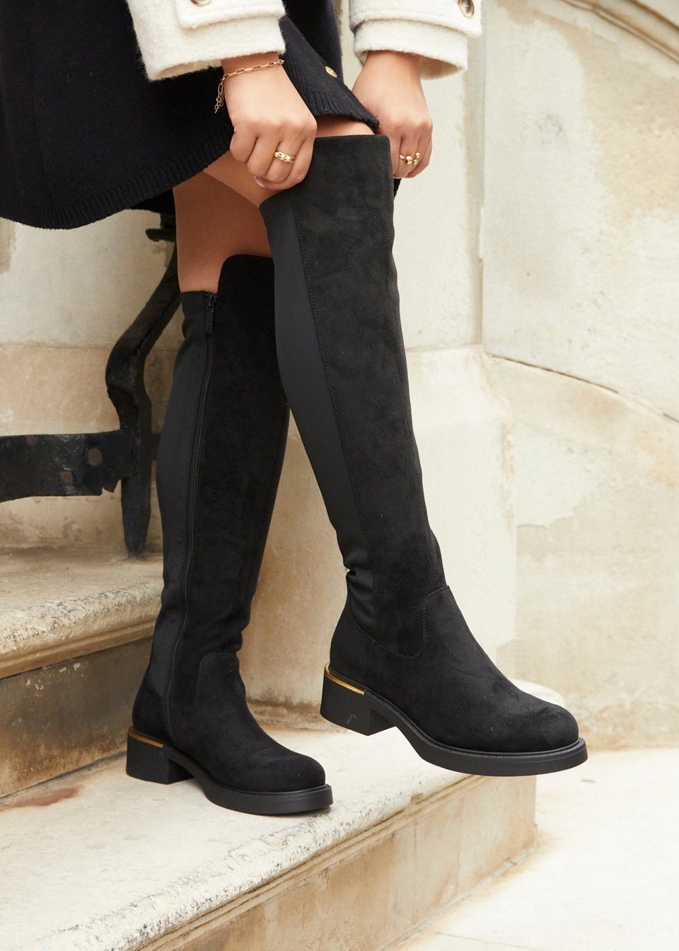 Linzi Sawyer Black Faux Suede Knee High Classic Riding Boot Matalan