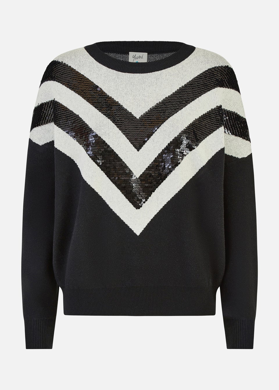 Yumi Black Chevron Knitted Relaxed Jumper With Sequins
