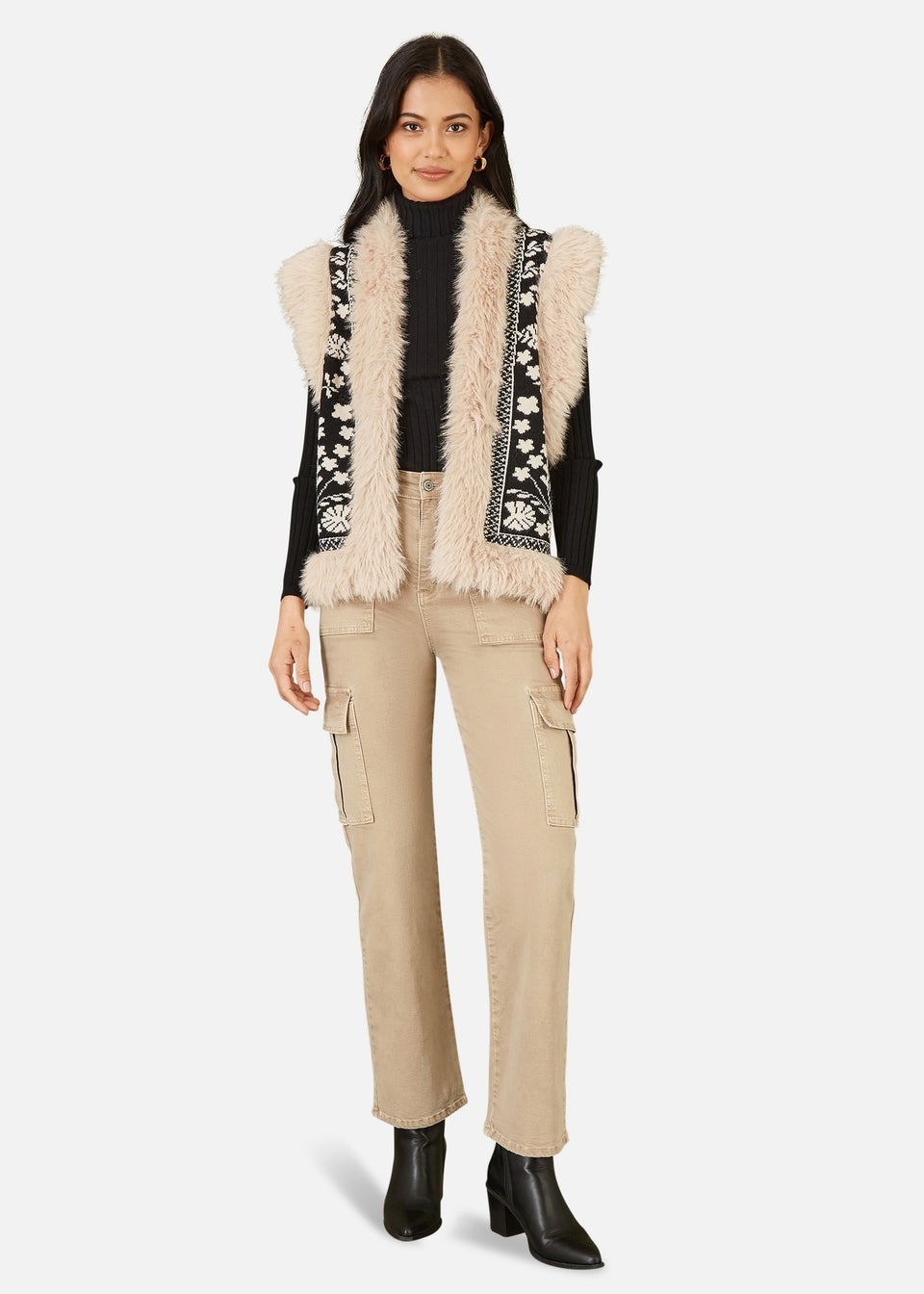 Yumi Black Knitted Folk Fur Trimmed Gilet