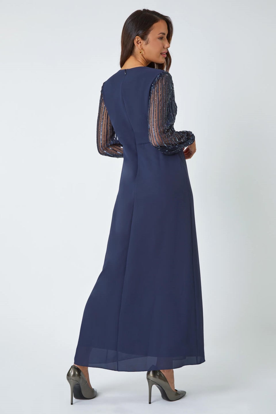Roman Midnight Blue Sparkle Bead Embellished Maxi Dress