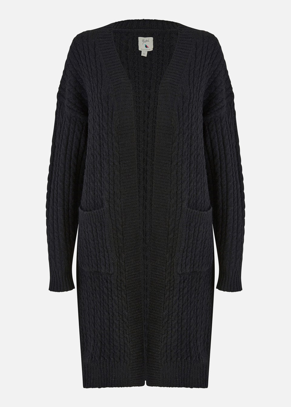 Yumi Black Cable Knit Edge to Edge Long Cardigan With Pockets