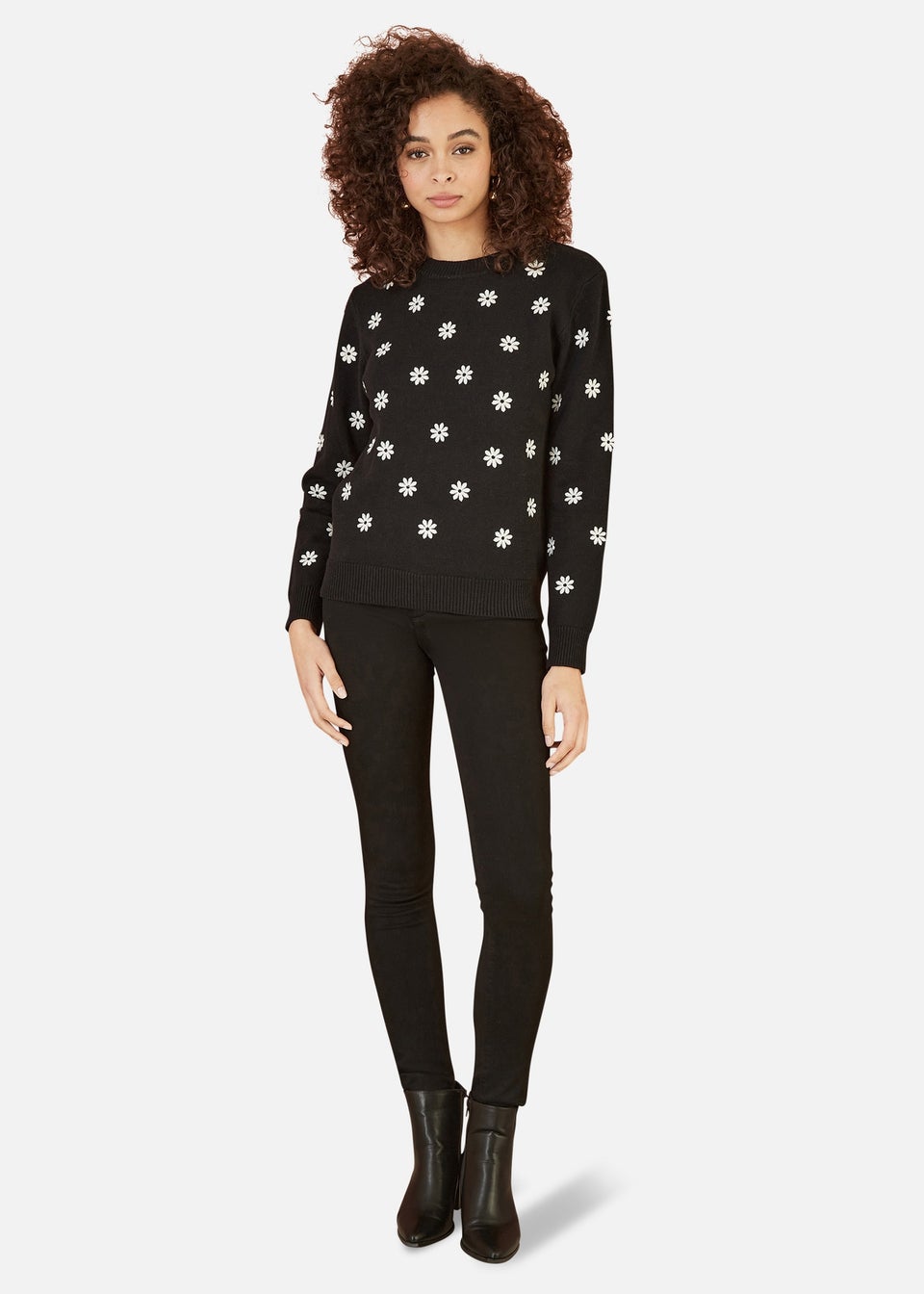 Yumi Black All Over Embroidered Daisy Knitted Jumper