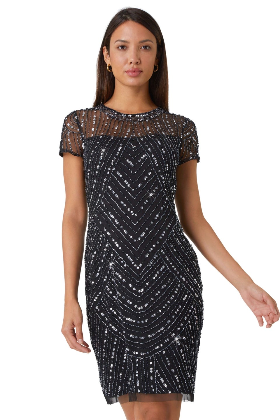 Roman Black Sequin Embellished Sheer Shift Dress
