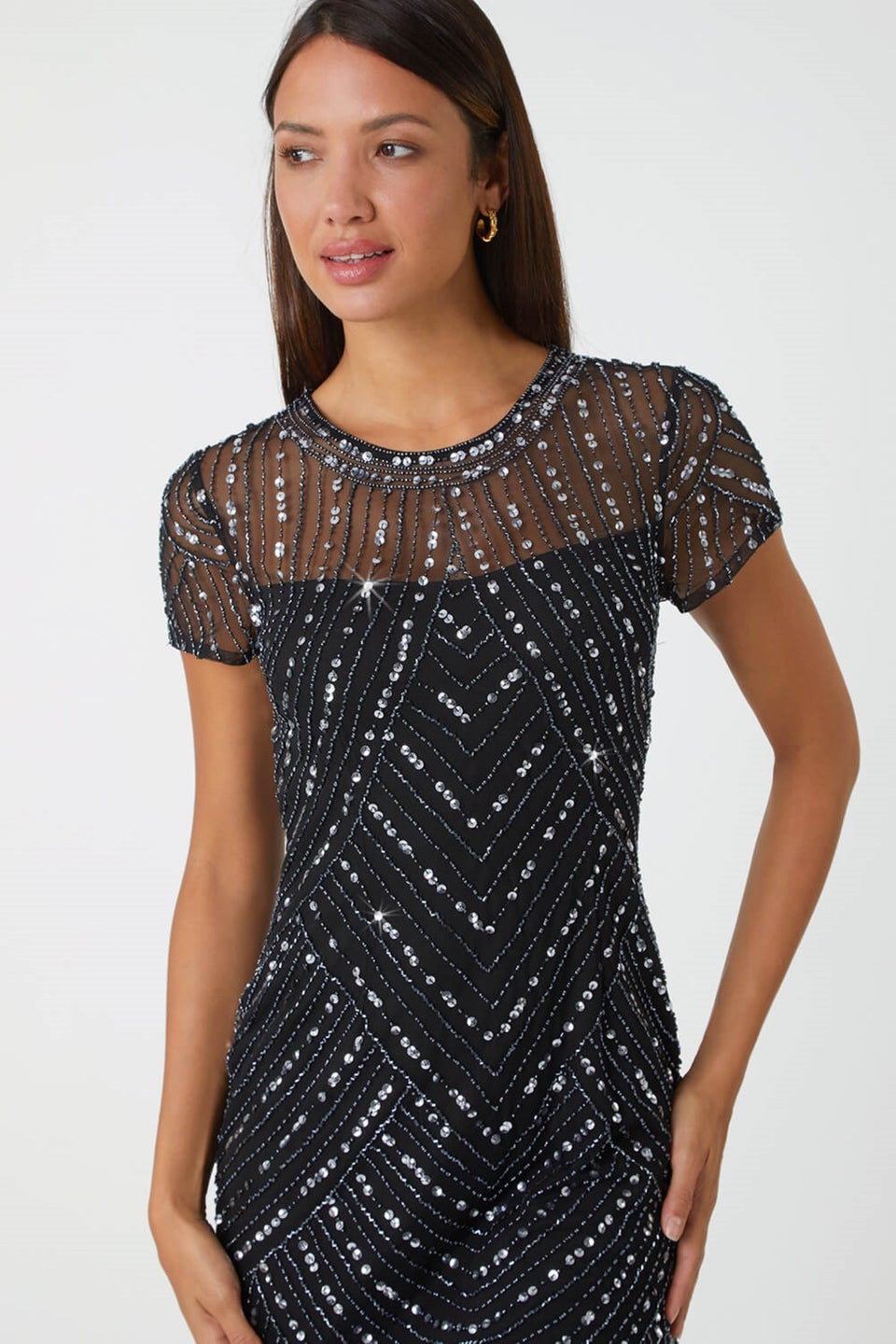 Roman Black Sequin Embellished Sheer Shift Dress