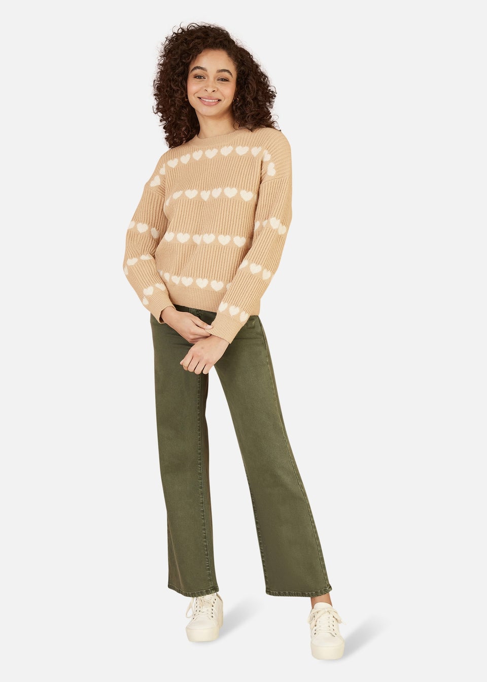 Yumi Camel Knitted Jumped With Heart Stripes
