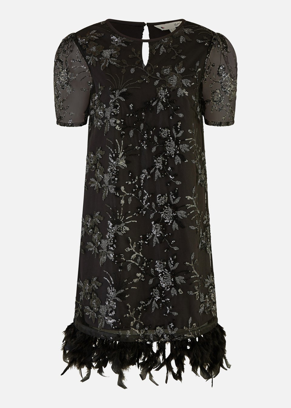 Yumi Black Sequin Embroidered Tunic Dress With Feather Trim Hemline