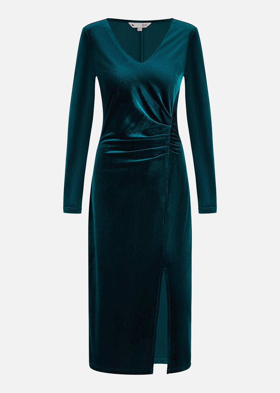 Yumi Green Velvet V Neck Fitted Ruched Midi Dress