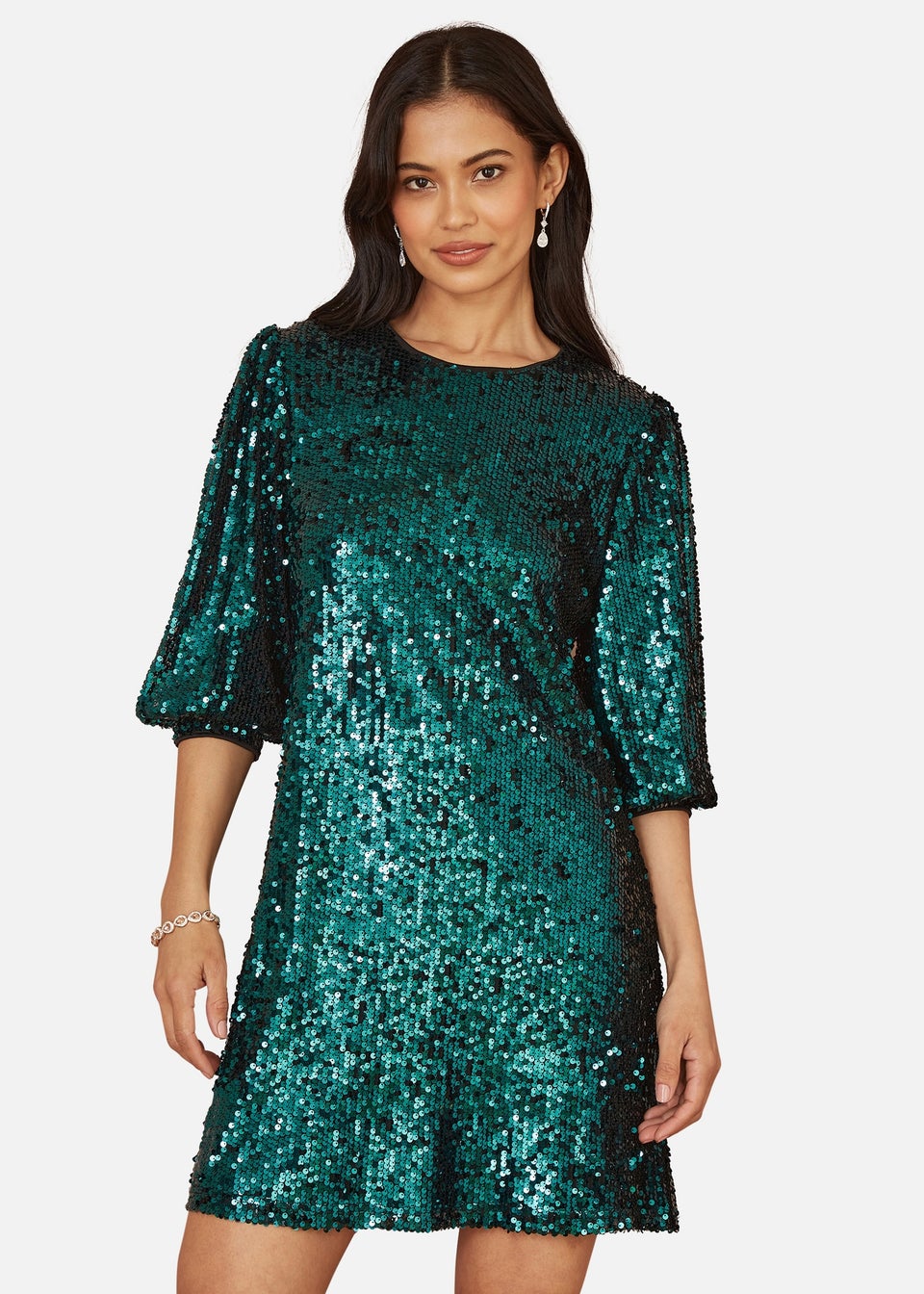 Yumi Green Sequin Tunic Dress With Balloon Sleeves