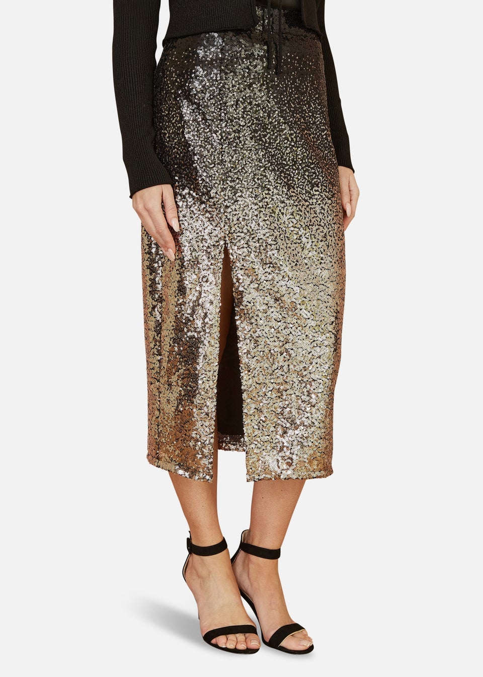 Yumi Black/Gold Sequin Split Fitted Midi Skirt