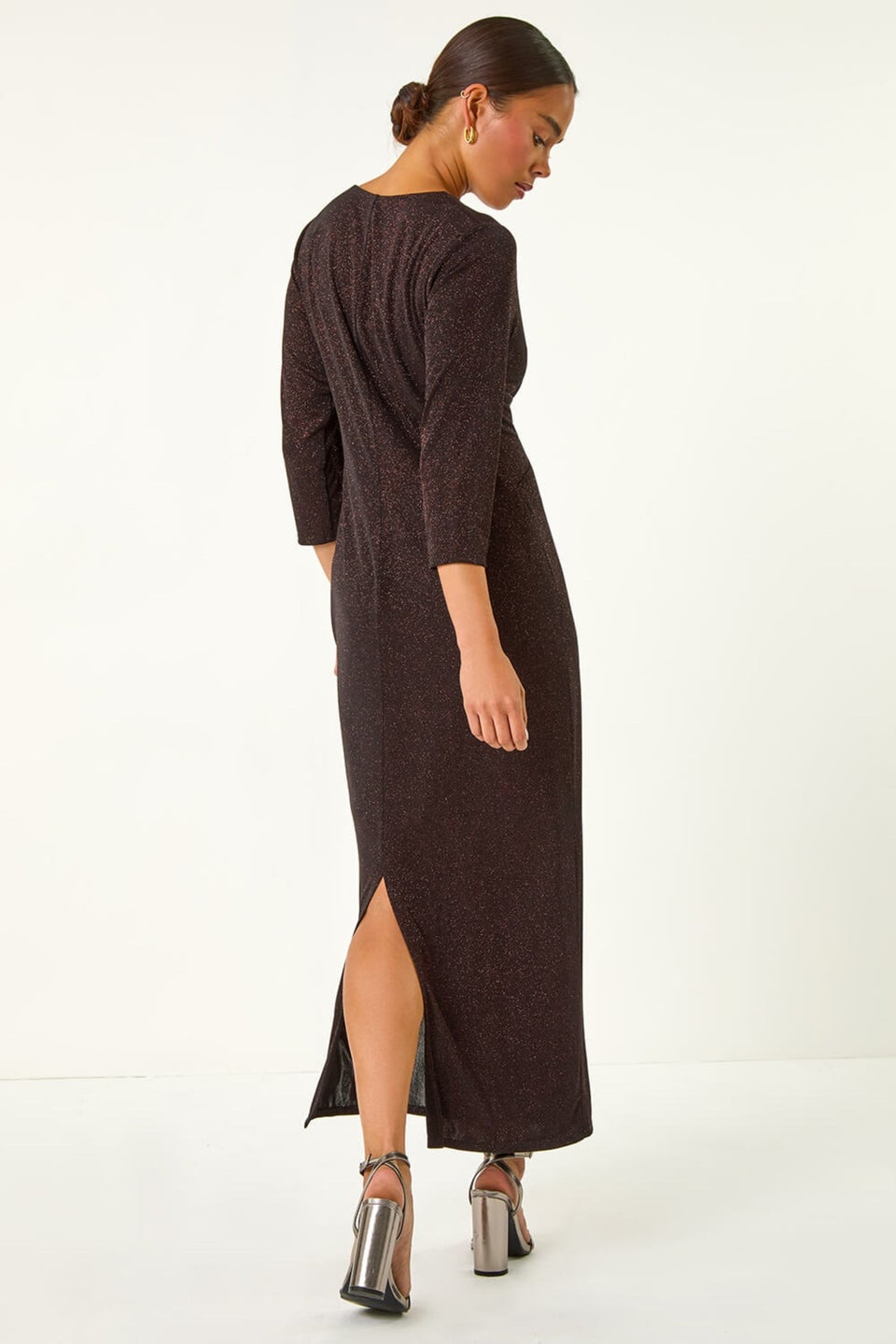 Roman Bronze Petite Gathered Glitter Maxi Stretch Dress