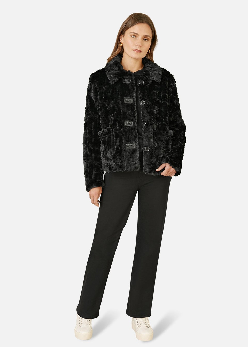 Yumi Black Luxe Textured Faux Fur Jacket With Pockets Matalan