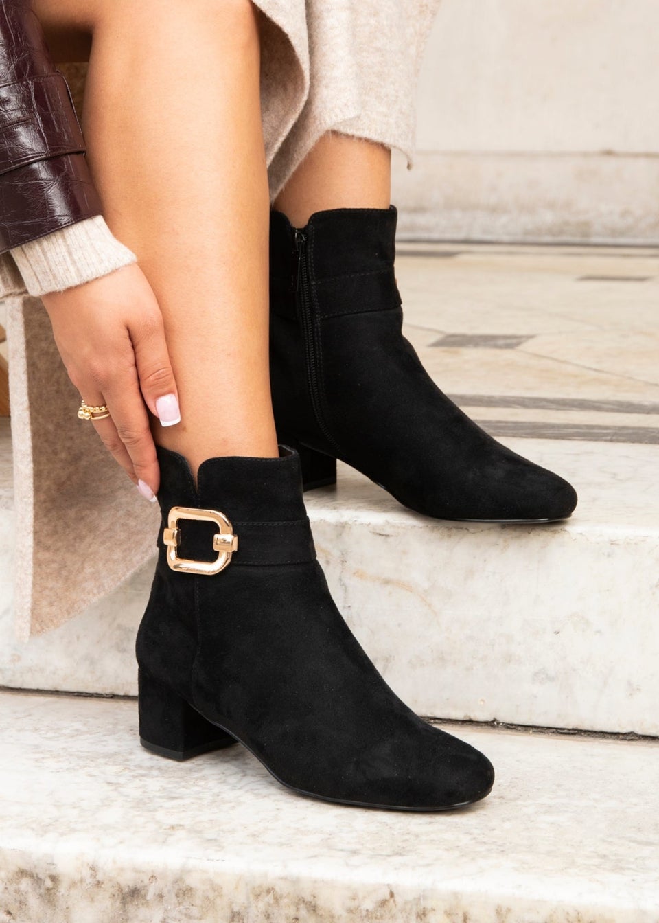 Linzi Daphne Black Faux Suede Block Heel Ankle Boot Matalan