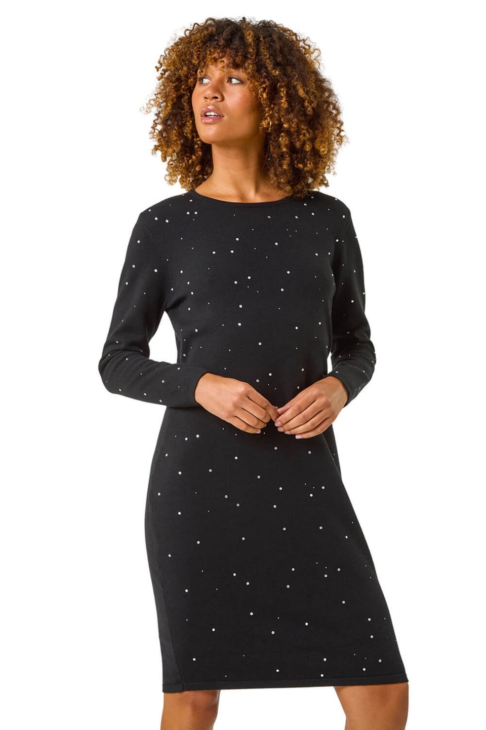 Roman Black Hotfix Embellished Knitted Dress