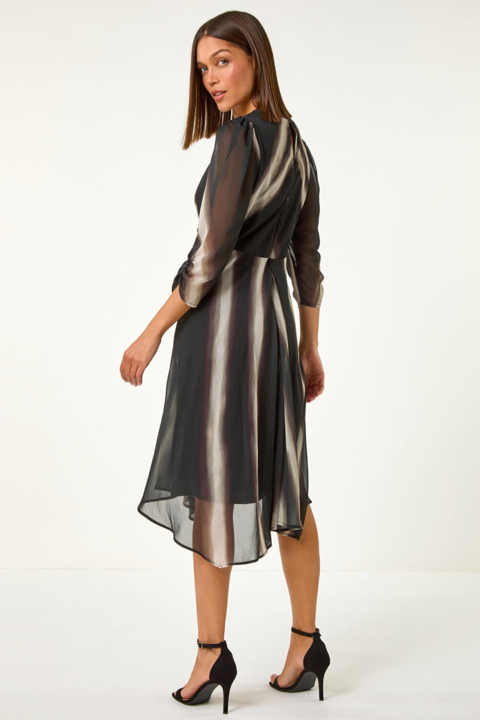 Roman Black Stripe Print V-Neck Hanky Hem Midi Dress