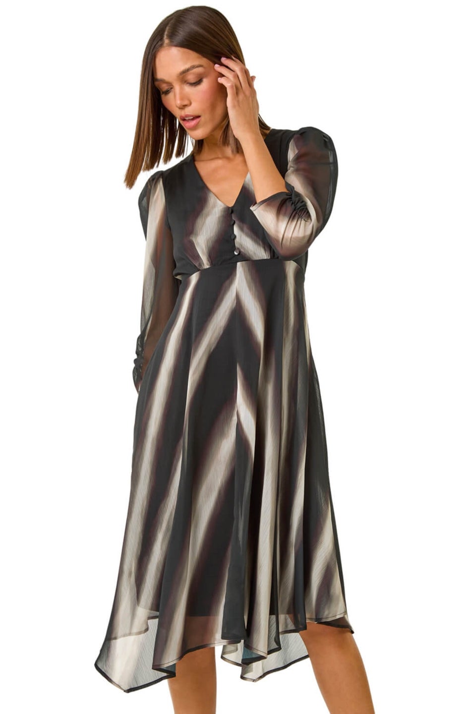 Roman Black Stripe Print V-Neck Hanky Hem Midi Dress
