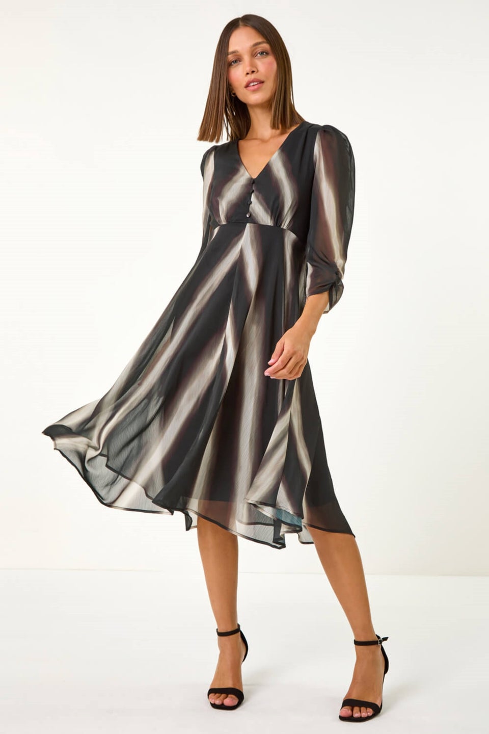 Roman Black Stripe Print V-Neck Hanky Hem Midi Dress