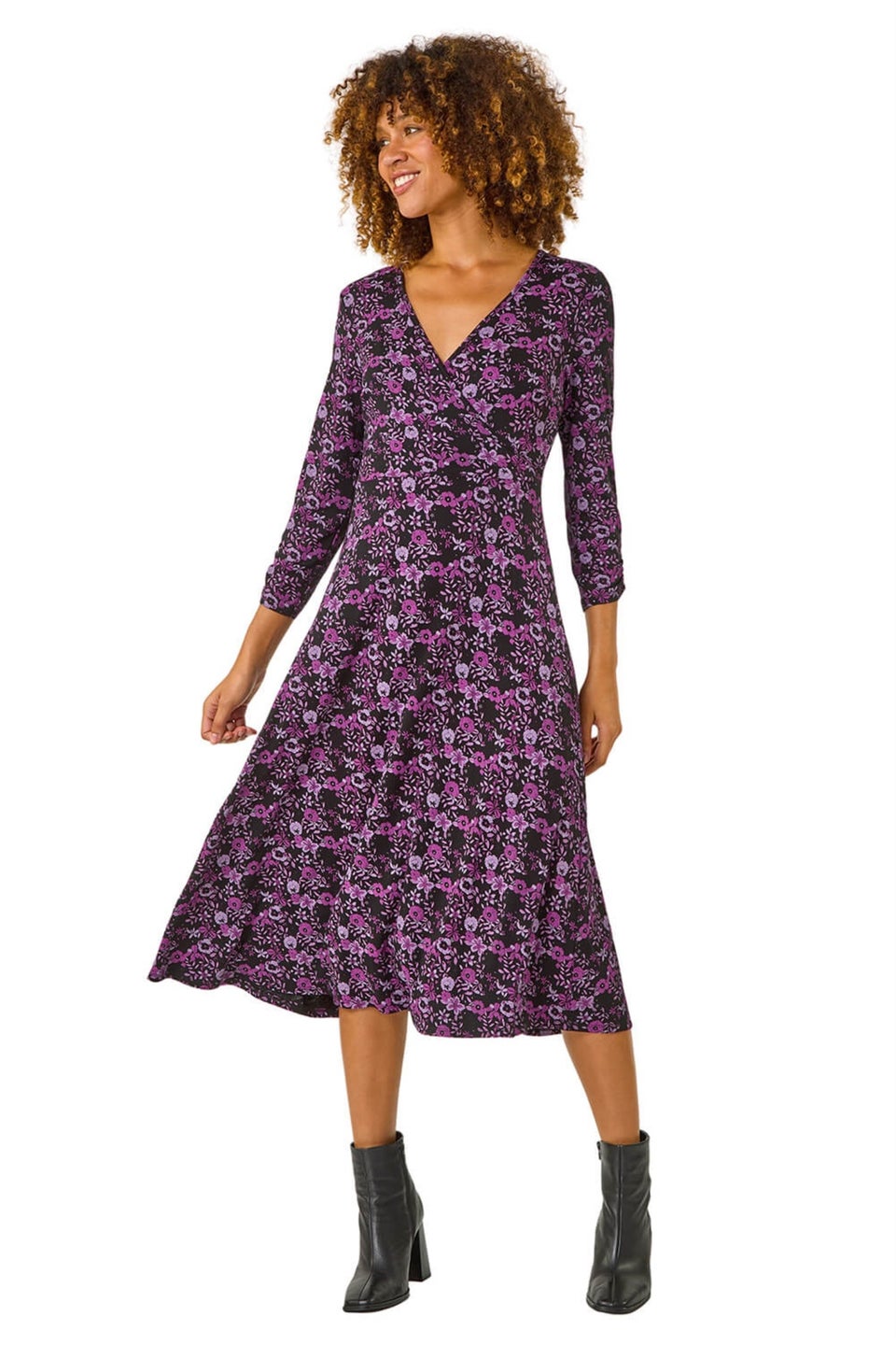 Roman Purple Floral Wrap Front Midi Dress