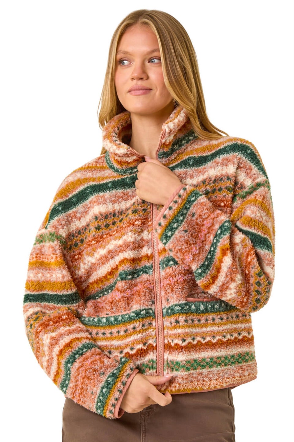 Roman Rust Aztec Print Sherpa Fleece Jacket