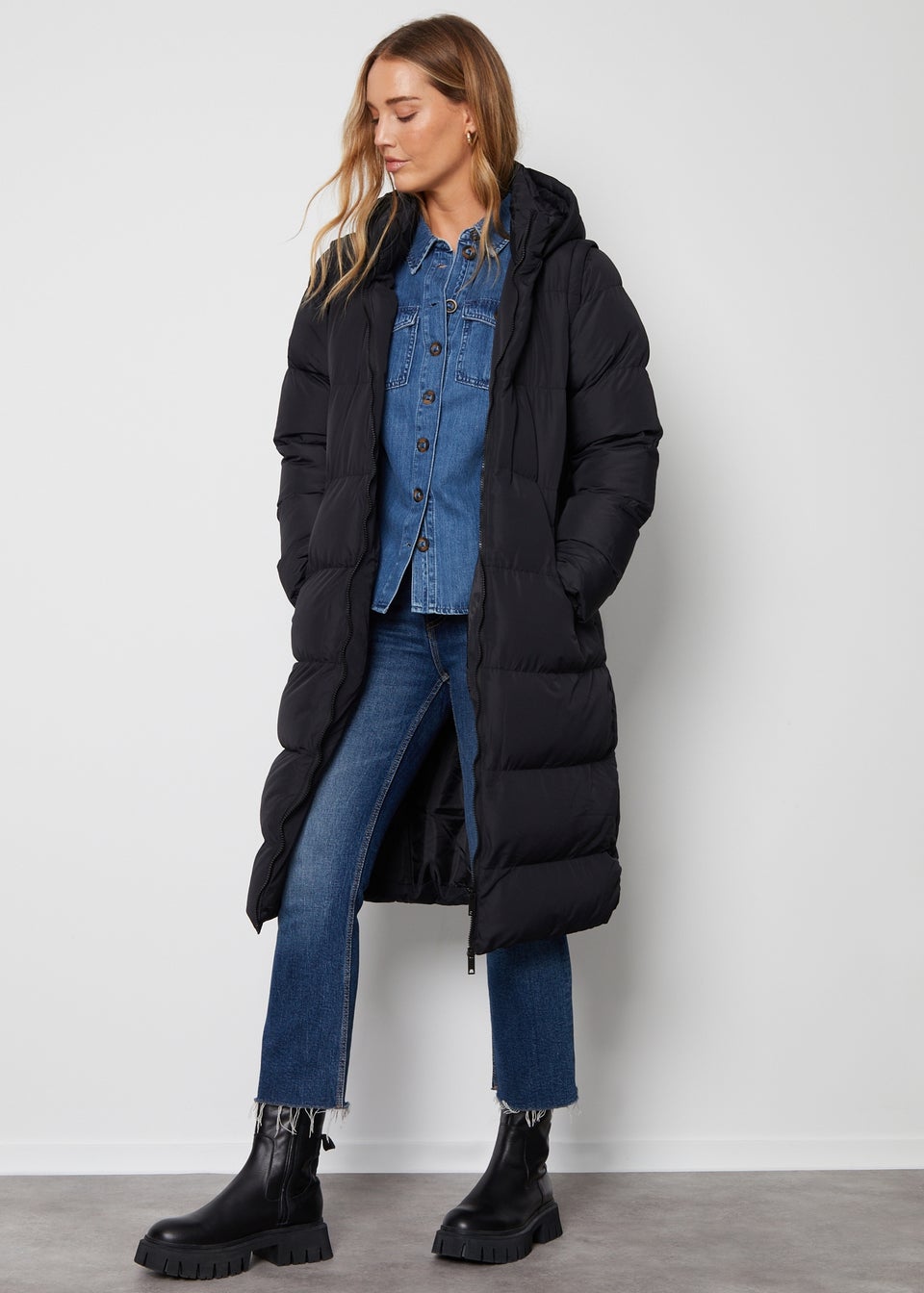 Threadbare Black Ony Longline Hooded Puffer Jacket