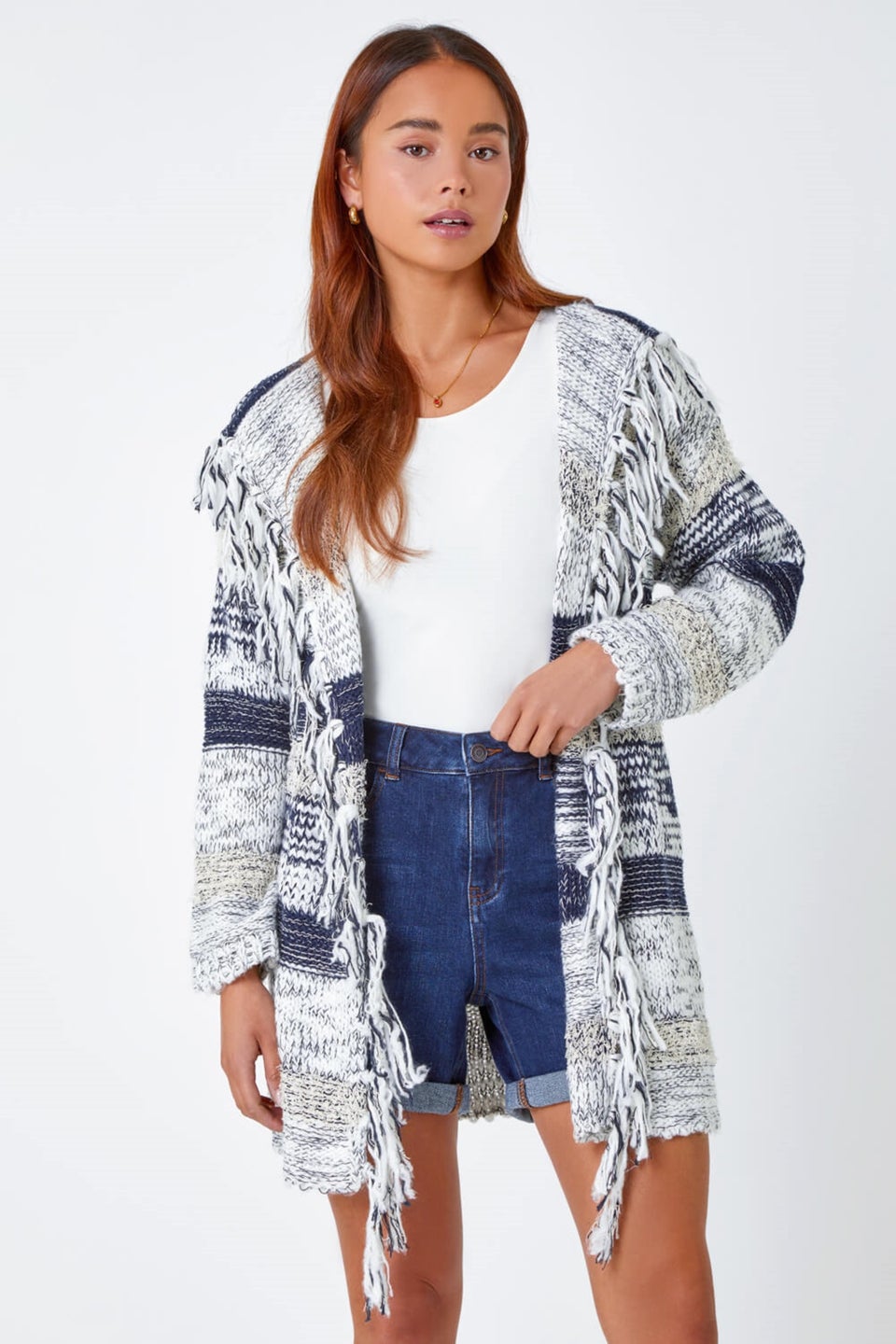 Roman Navy Petite Fringed Hooded Cardigan
