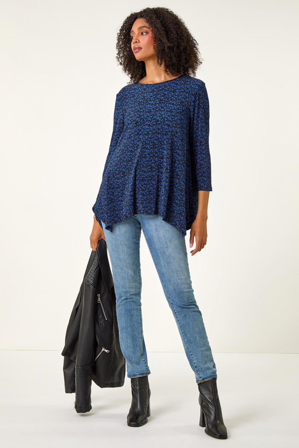 Roman Blue Printed Plisse Hanky Hem Tunic Stretch Top