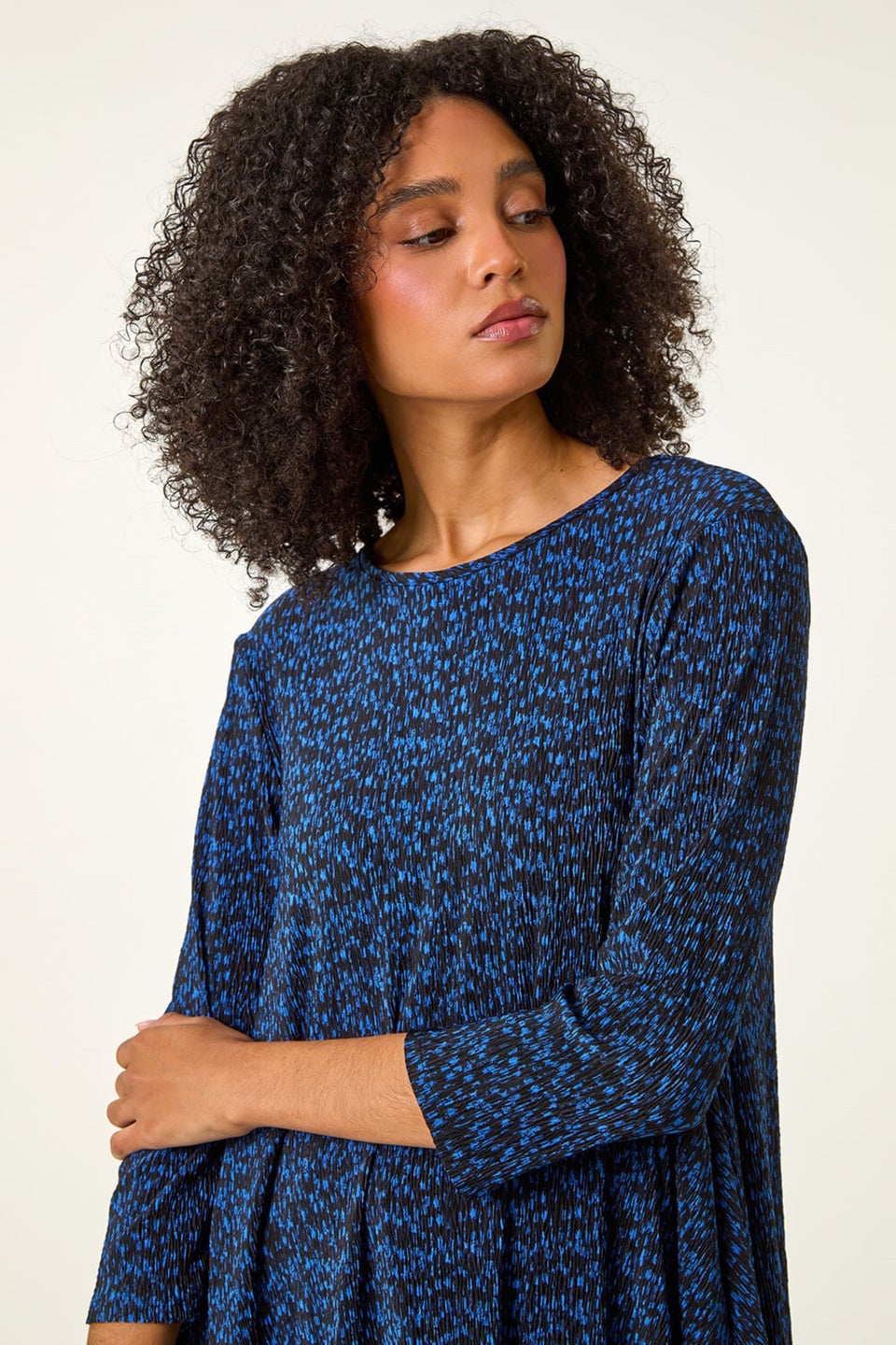 Roman Blue Printed Plisse Hanky Hem Tunic Stretch Top